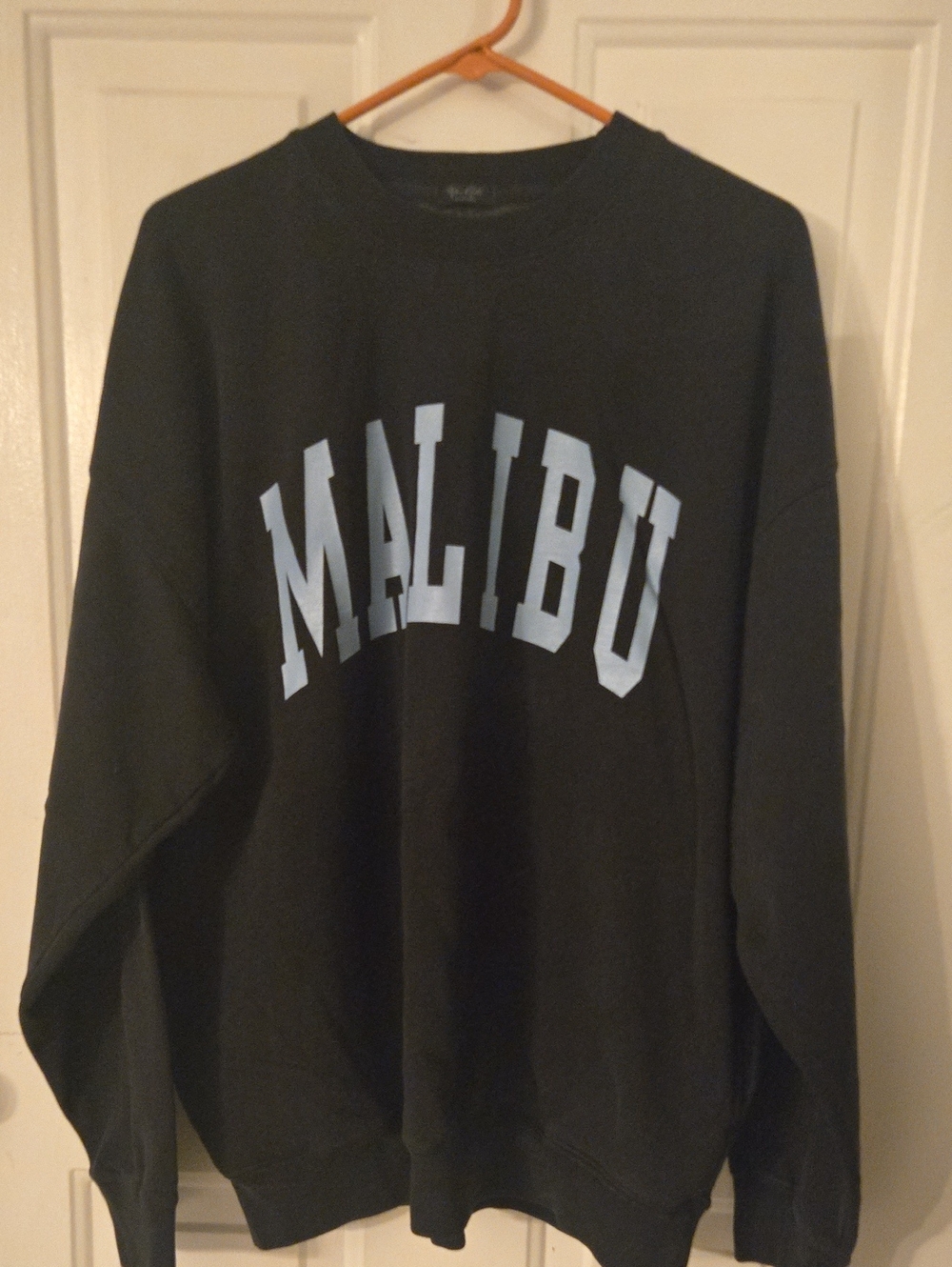 Brandy Melville Black Crewneck with Light Blue MALIBU Graphic